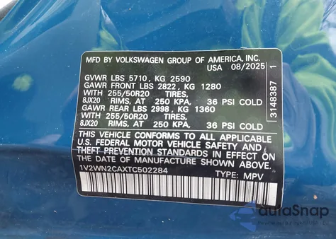 2026 Volkswagen Atlas Se With Technology z USA, uszkodzony, nr VIN 1V2WN2CAXTC502284